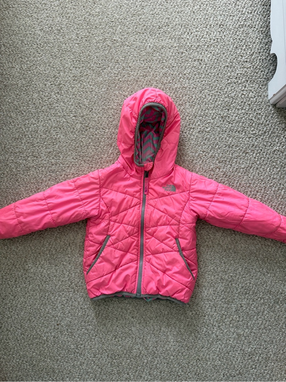The North Face Girls' Bright Pink Hooded Reversible Puffer Jacket